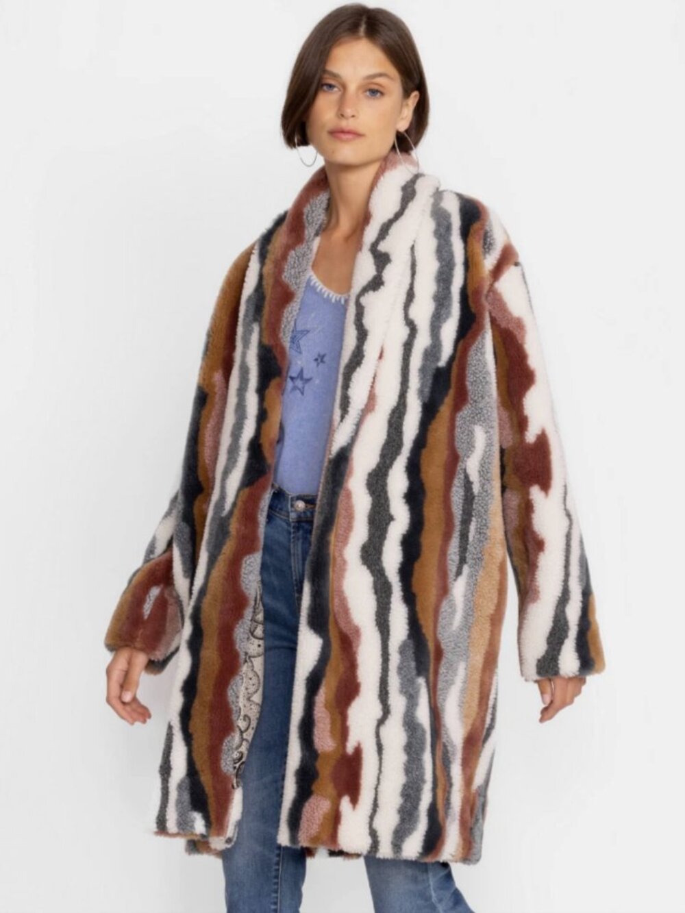NEW Johnny Was Ziggy Faux Fur Open Front Coat Boho Chic Multi Stripe L R48023